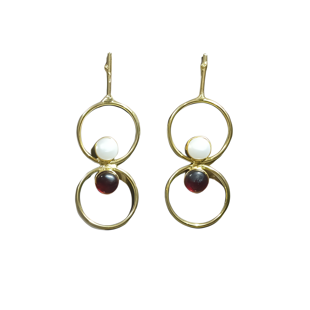 Gold dangle earrings with white & red stone