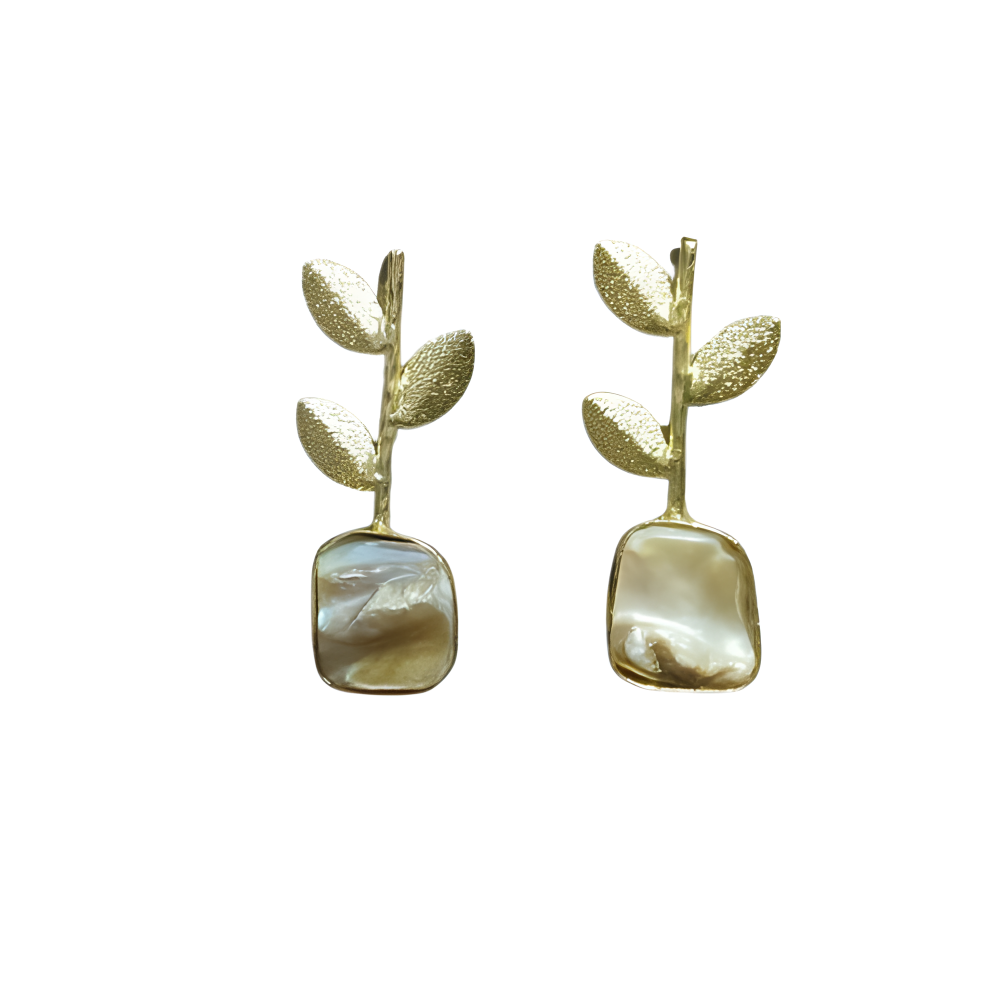 Stylish gold leaf earrings with square uncut stone at bottom