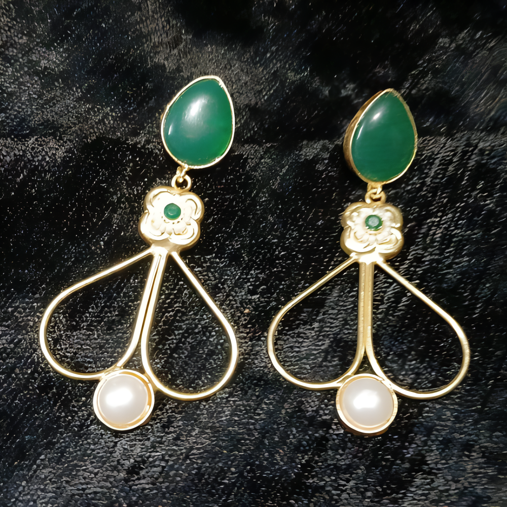Pair of gold earrings with green teardrop stones and pearl-like beads for women