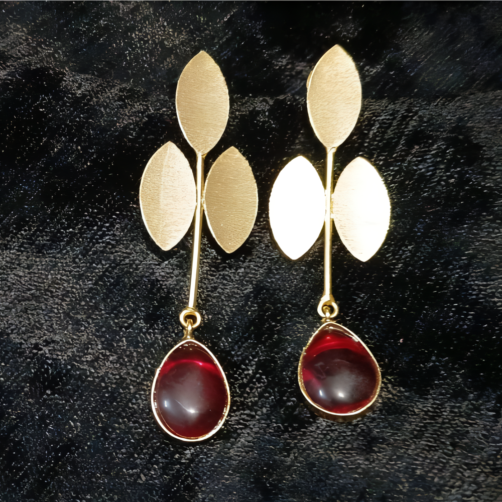 Gold leaf earringsfor women  with red teardrop stones 