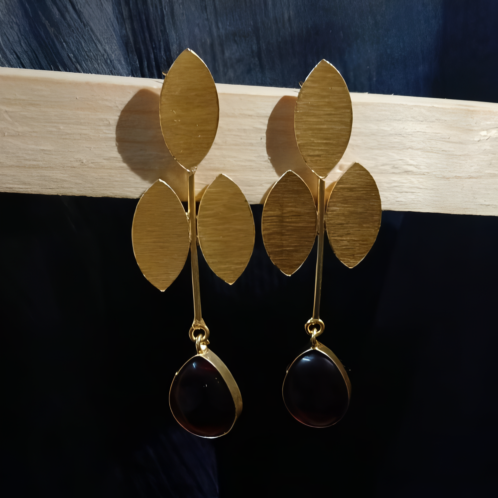Gold leaf drop & dangle earrings for women with black stones