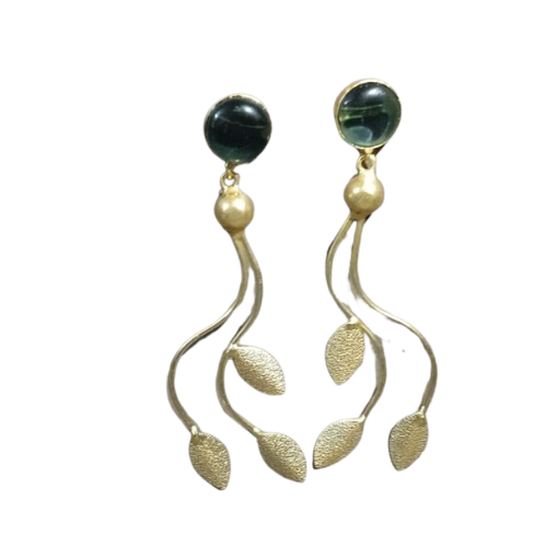 Pair of statement long dangle earrings with green stone and gold leaf designs