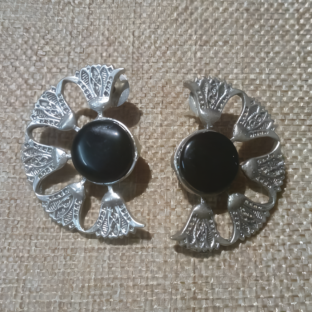 Lotus petal stud moon earrings studded with black stone 