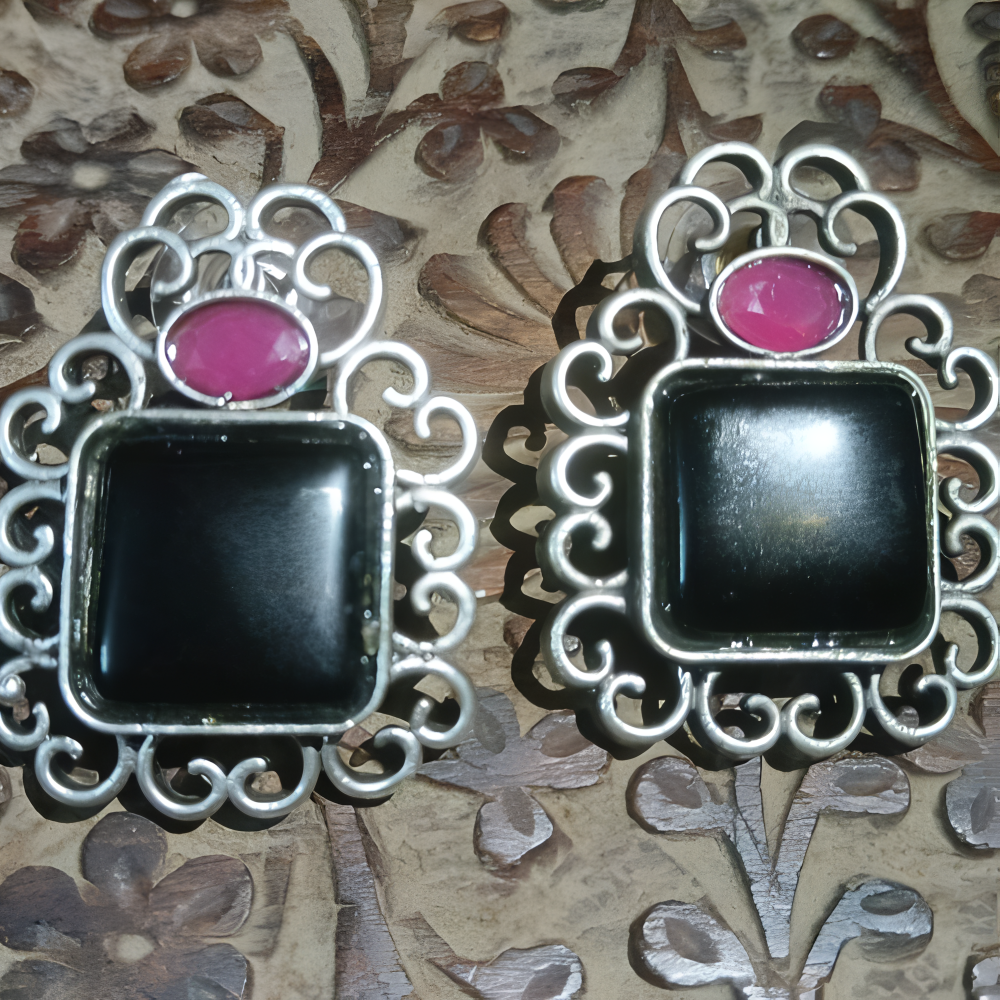 Black Oxidised Stone Stud Earrings , Contemporary Design .