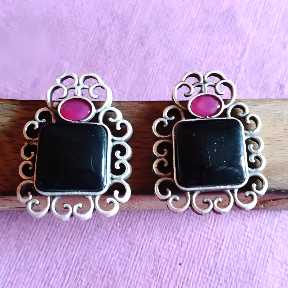 Oxidised Stone Stud Earrings , Contemporary Design .