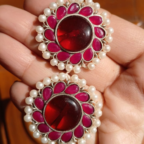 Classic  Red Stone Big Stud Earring With All Around Pearl Detailing