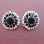 Classic Black Stone Big Stud Earring With All Around Pearl Detailing