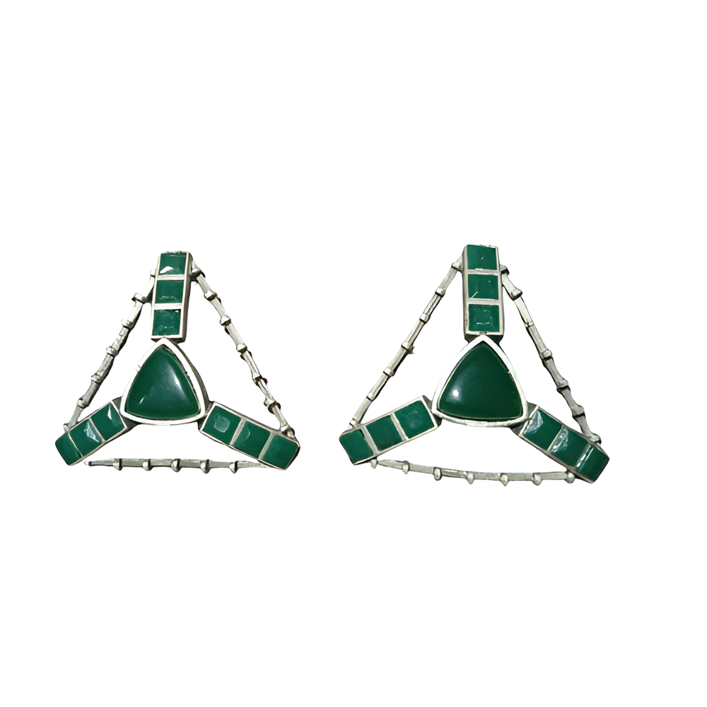 Triangular earrings for women with green stones o