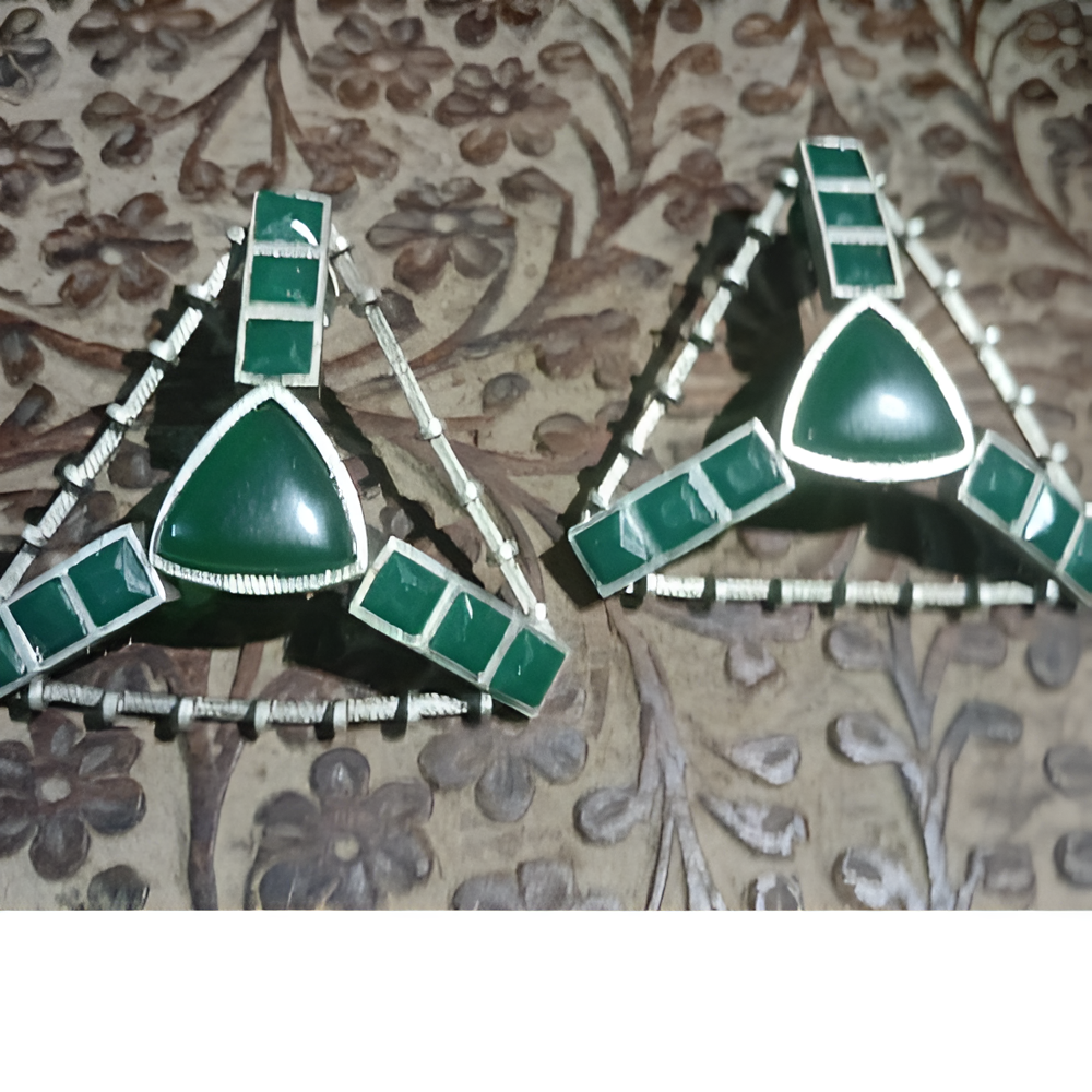 Pair of contemporary green & silver earrings for women