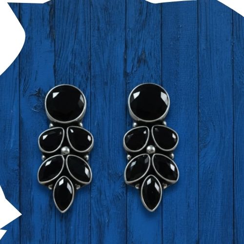 Silver Oxidised Black Stone Stud Earrings For Women
