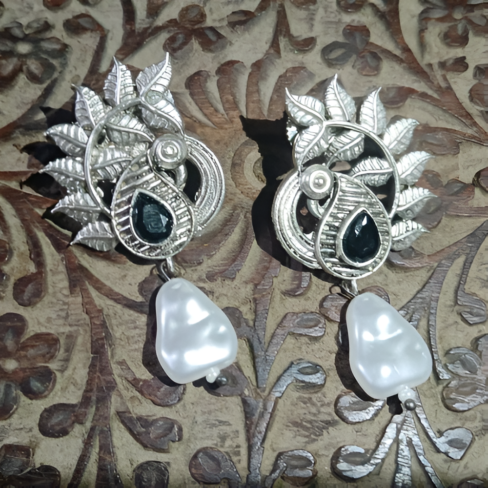Peacock design pearl drop earrings