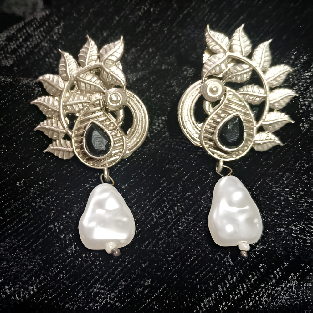 Peacock design pearl drop oxidised earrings