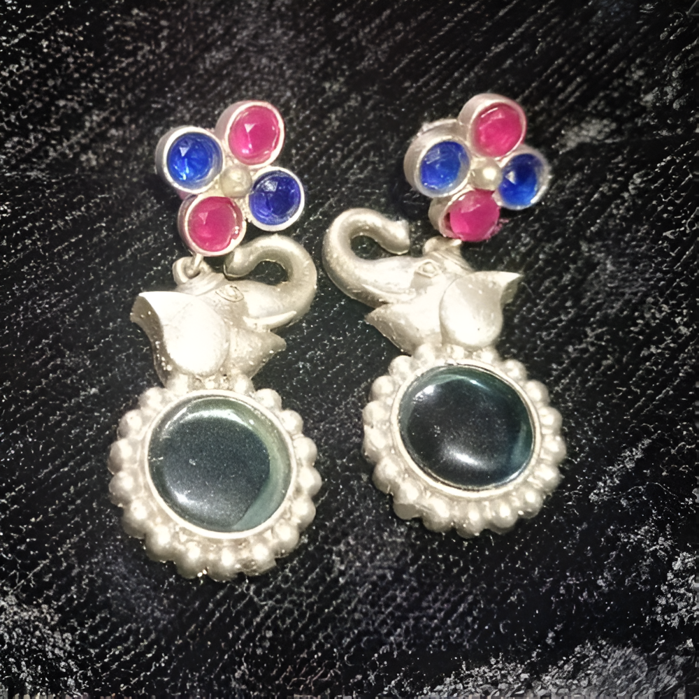 Traditional temple inspired colorful kundan stones floral & elephant design earrings .
