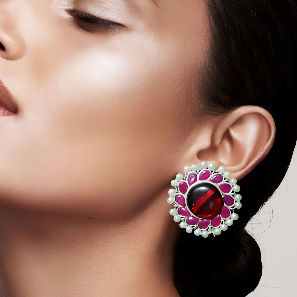 Big Red Stone Stud Earring With All Around Pearl Detailing