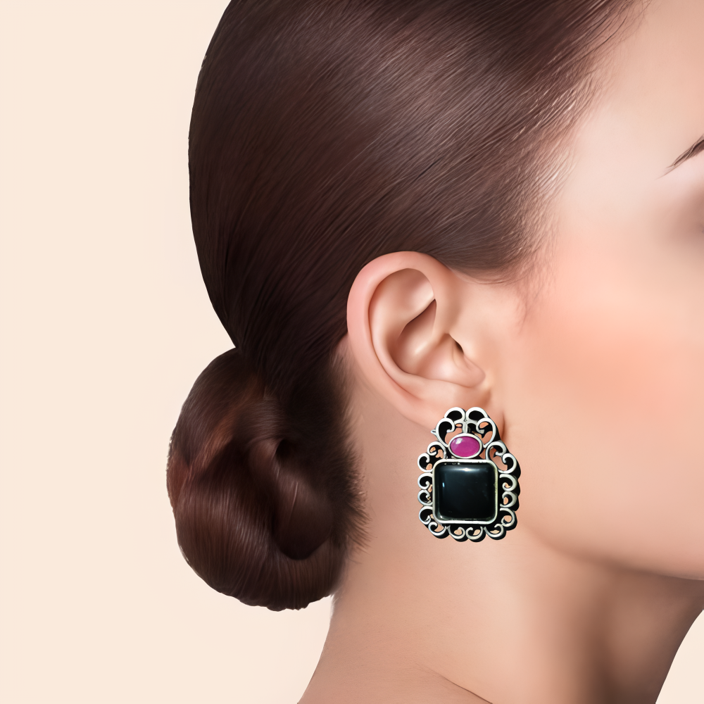 Contemporary Design Big Black Oxidised Stone Stud Earrings   .