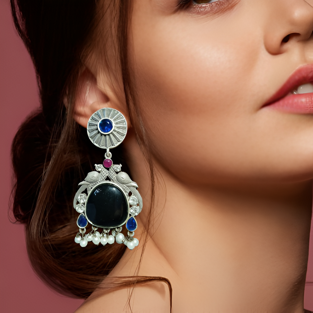 Drop & dangle black mossianite peacock design stone earrings from Jaipur