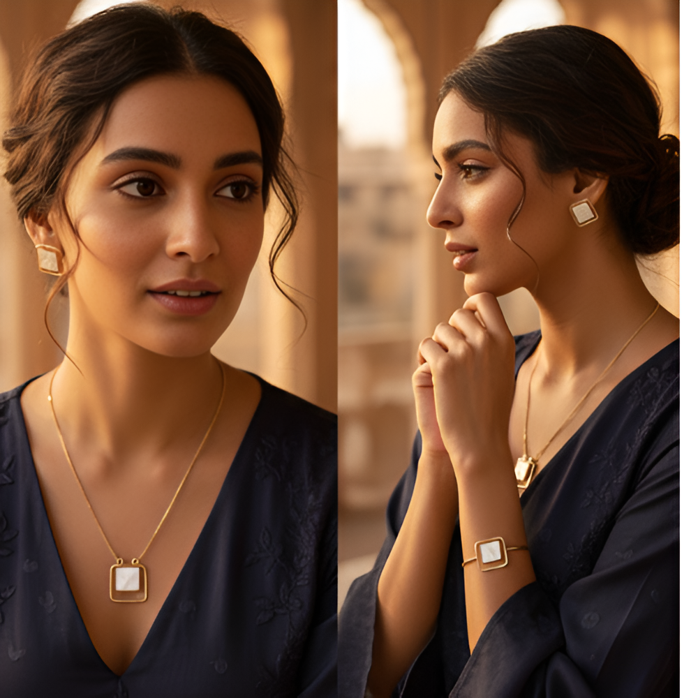 White Stone Chain Necklace With Stud Stone Earrings & Bracelet