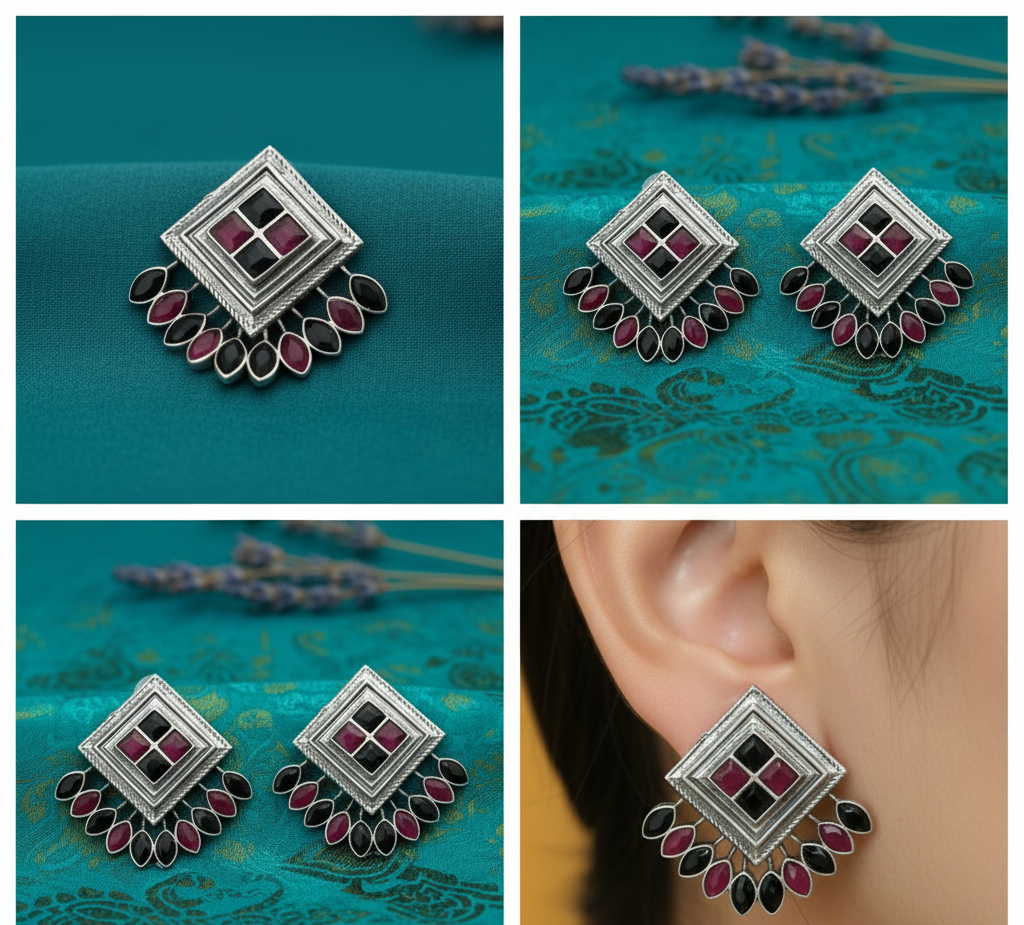 Collage Square shaped oxidised silver earrings adorned with black and rani kundan