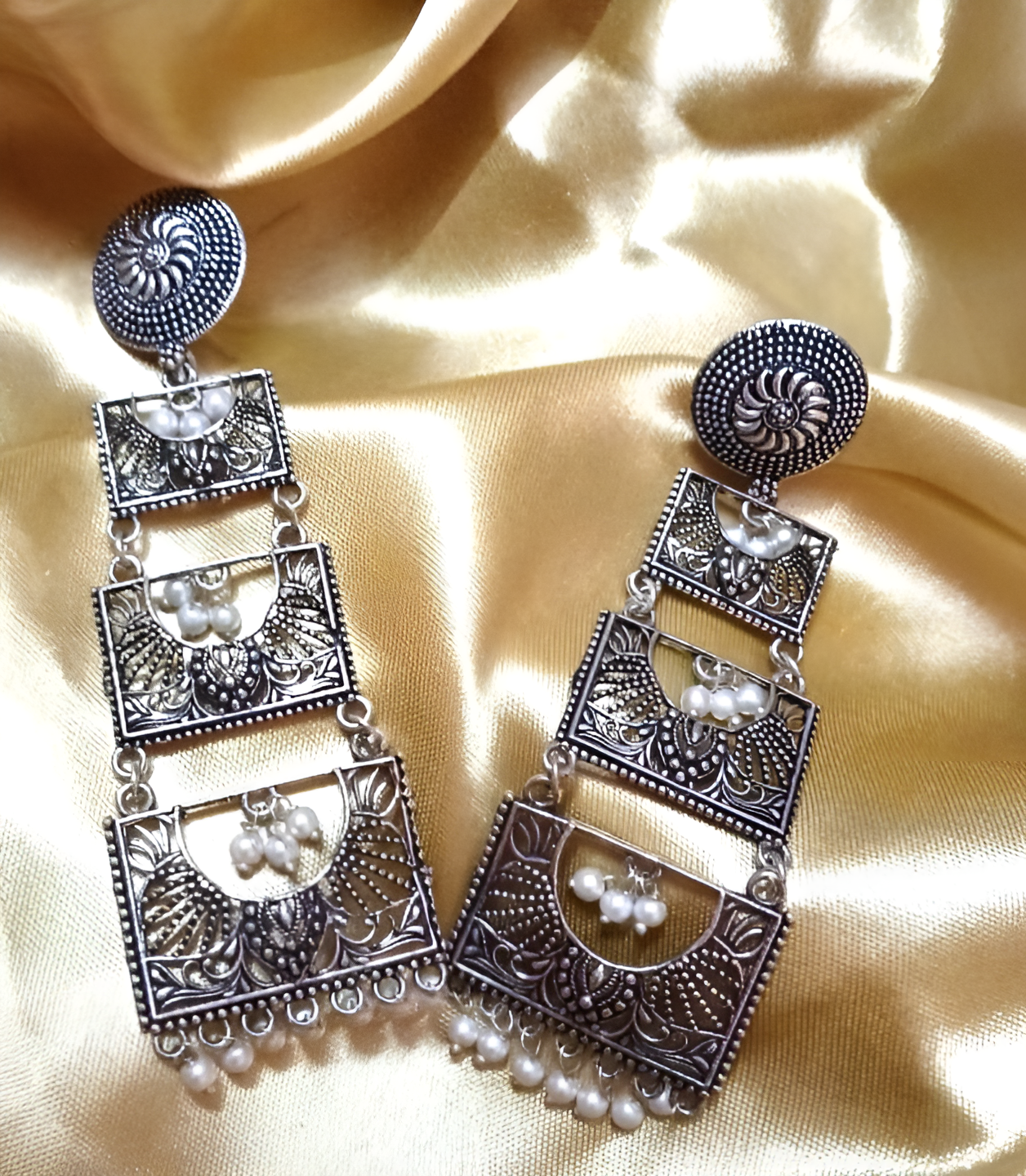 Ethnic Layered Oxidised Silver Statement Earrings for Women  