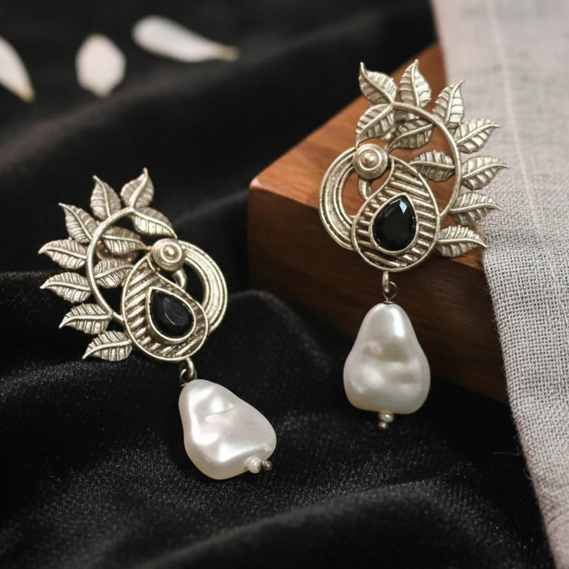 Silver oxidised pearl peacock design drop earrings