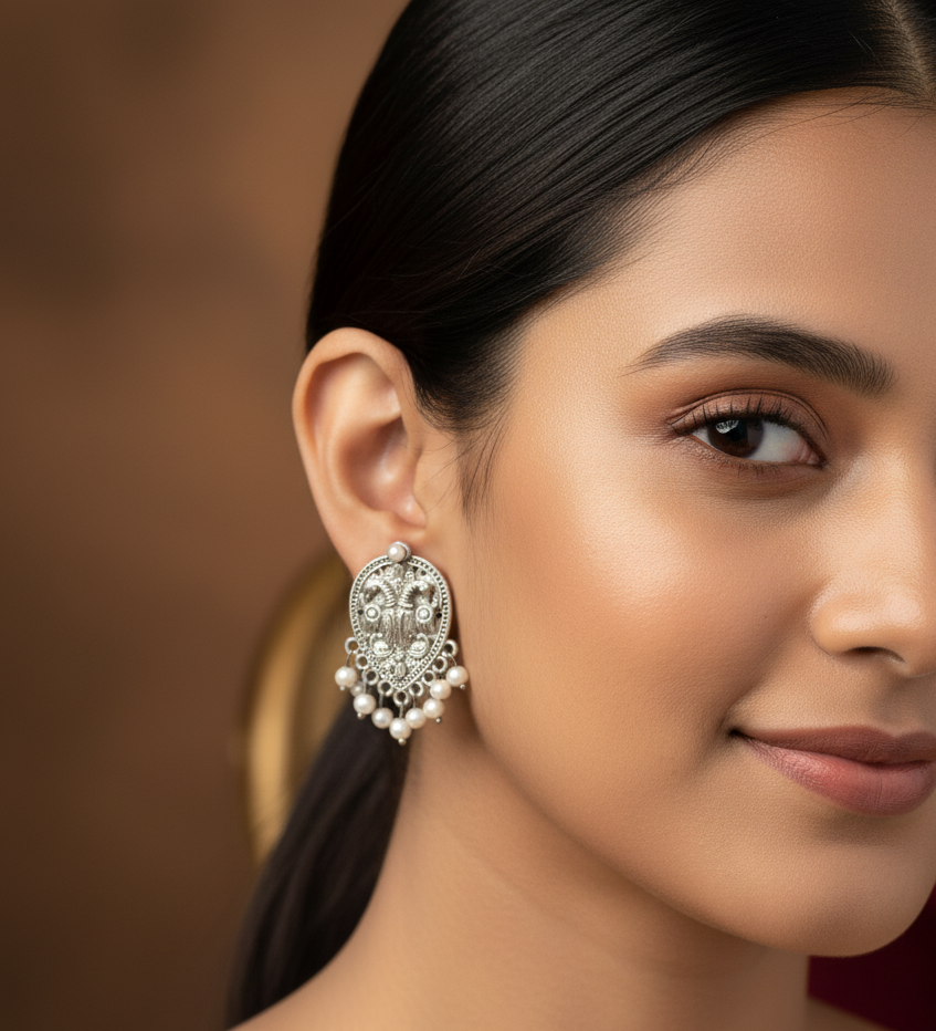 Close up of a model wearing peacock design stud earrings