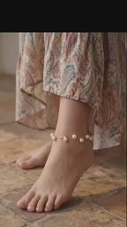 Wave Pattern Gold Pearl Ankle Kada | Rigid Cuff Payal, AK00078