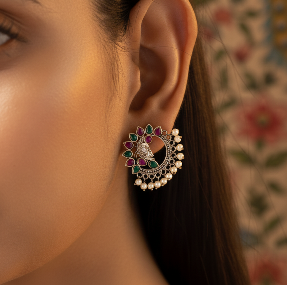 Close-up of a woman wearing a  decorative stud earring with kundan stones and pearls.