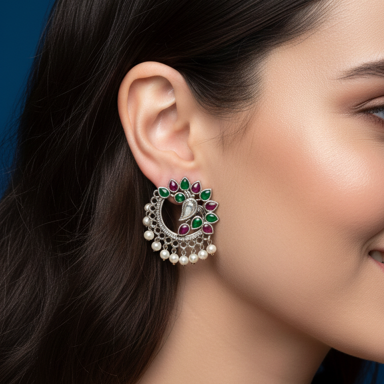 Woman wearing a multicolor peacock stud earrings with intricate detailing.
