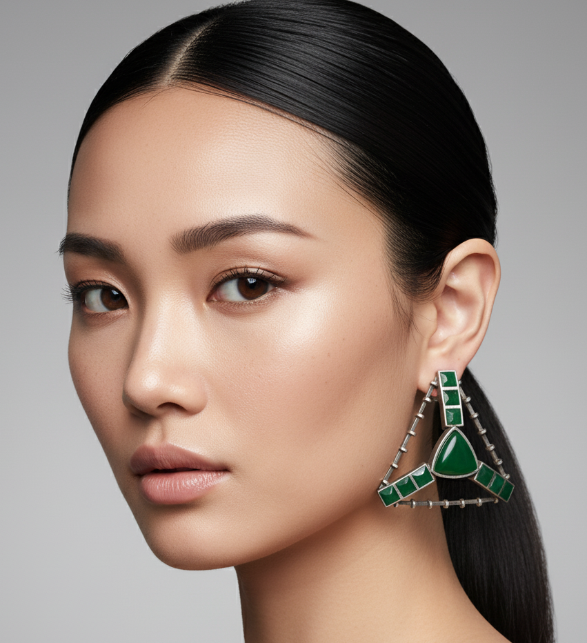 Close-up of the model wearing a green triangle silver oxidised earrings.